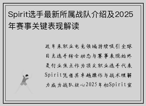 Spirit选手最新所属战队介绍及2025年赛事关键表现解读